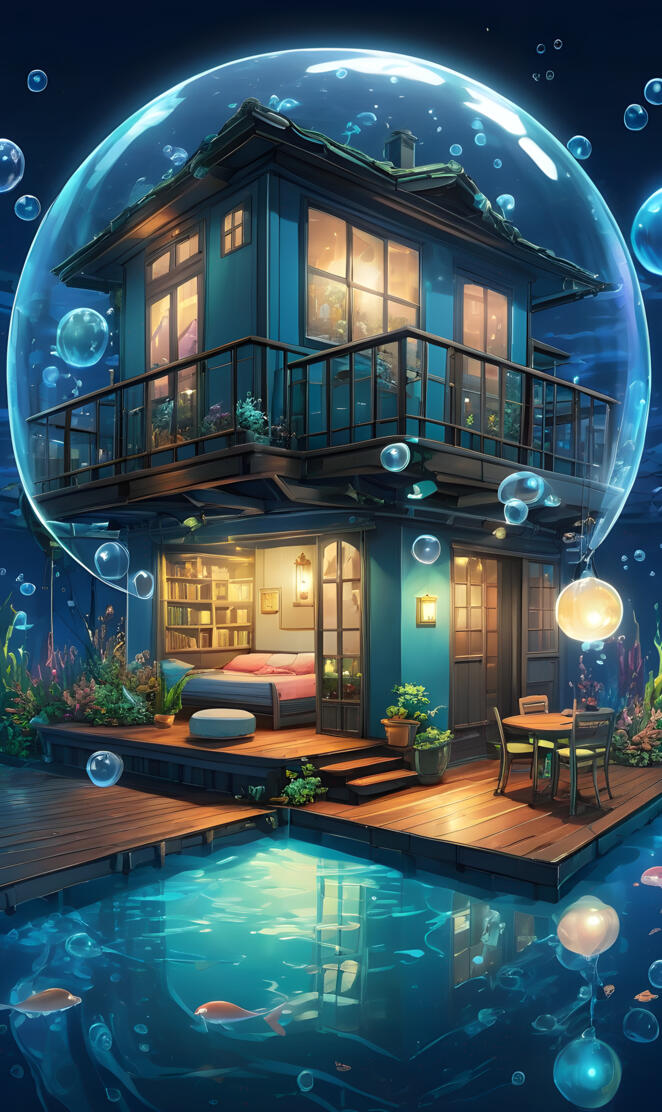 a room with a pool and a balcony with a pool and a large circular