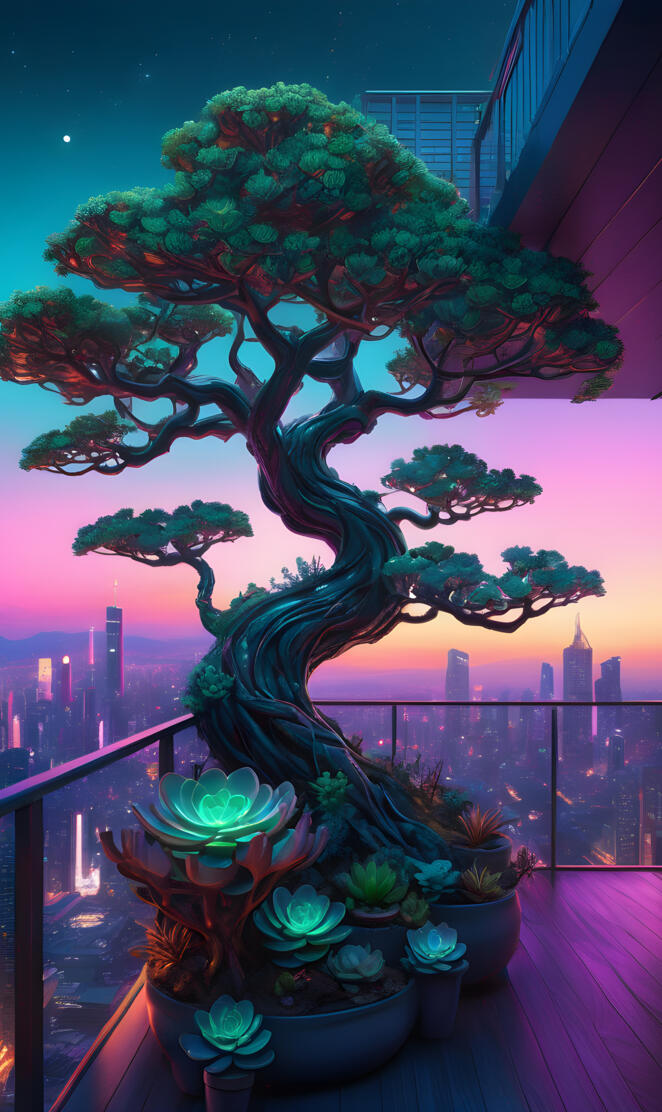 Lunarpunk Porch Bioluminescent Succulents Potted Tree