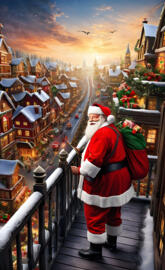a person in a santa suit on a balcony overlooking a city