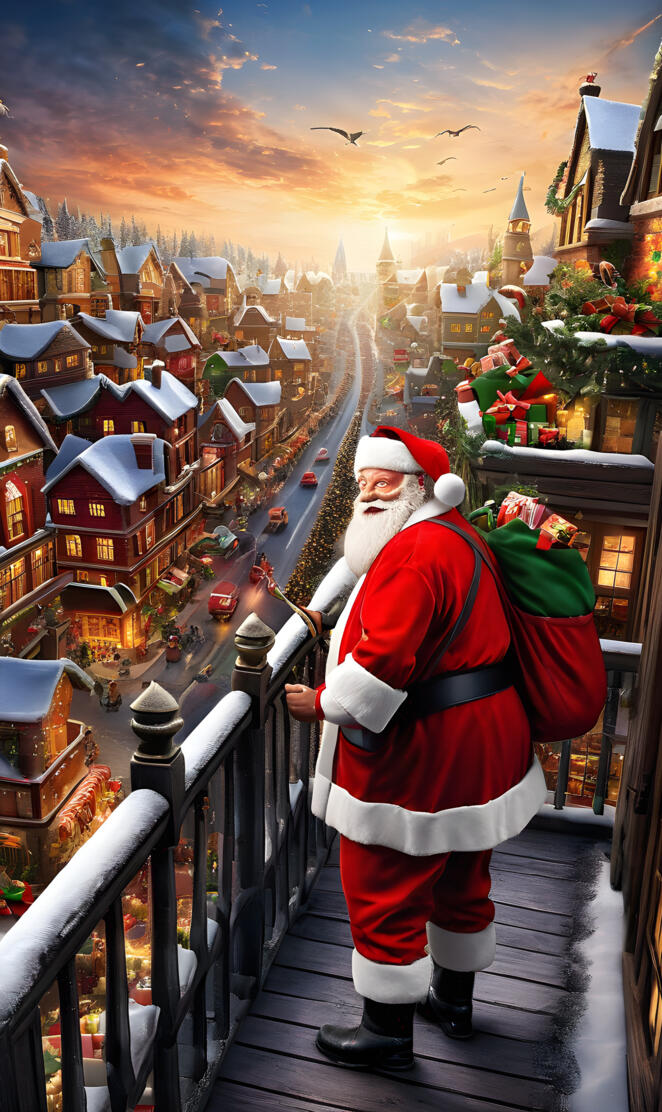 a person in a santa suit on a balcony overlooking a city
