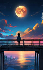 a person standing on a balcony looking at the moon