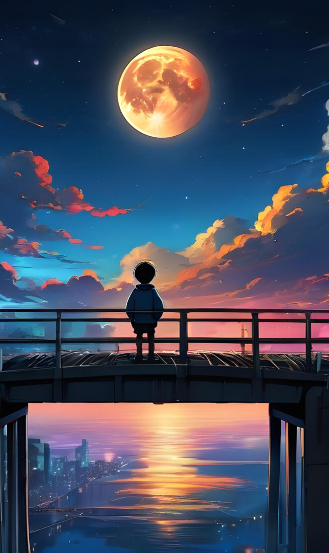 a person standing on a balcony looking at the moon