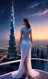 a woman in a dress standing on a balcony overlooking a city