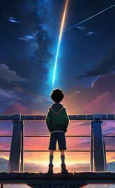 a child standing on a balcony looking at the sky