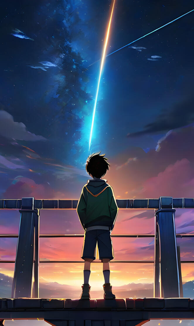 a child standing on a balcony looking at the sky