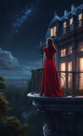 a woman on a balcony overlooking the countryside at night