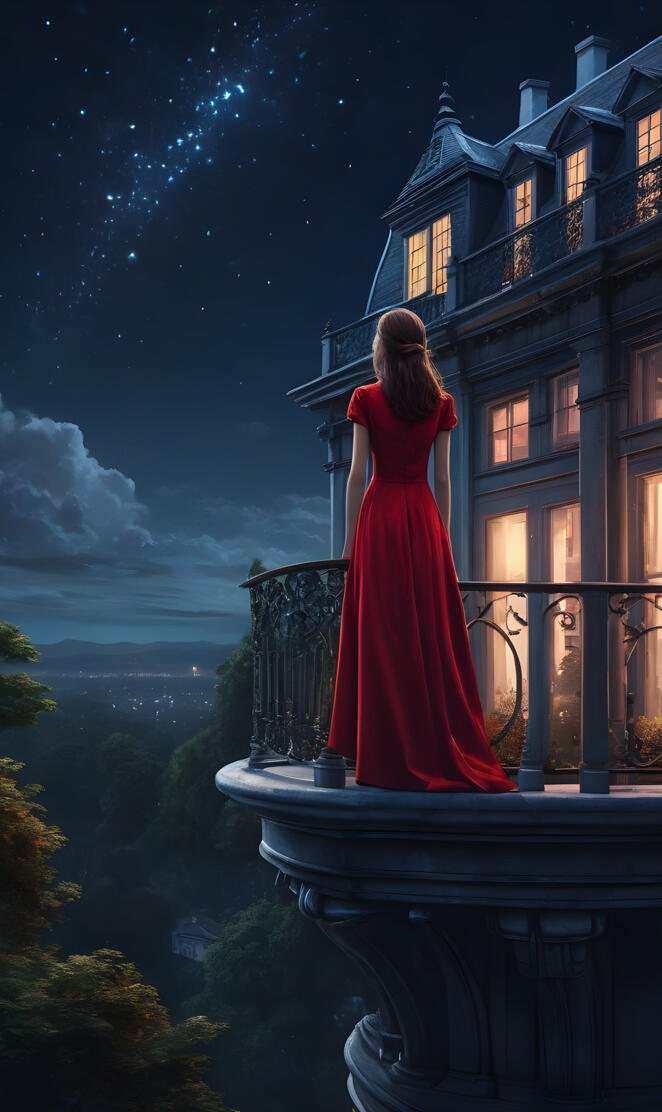 a woman on a balcony overlooking the countryside at night