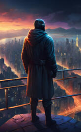 a person wearing a mask and a helmet standing on a balcony