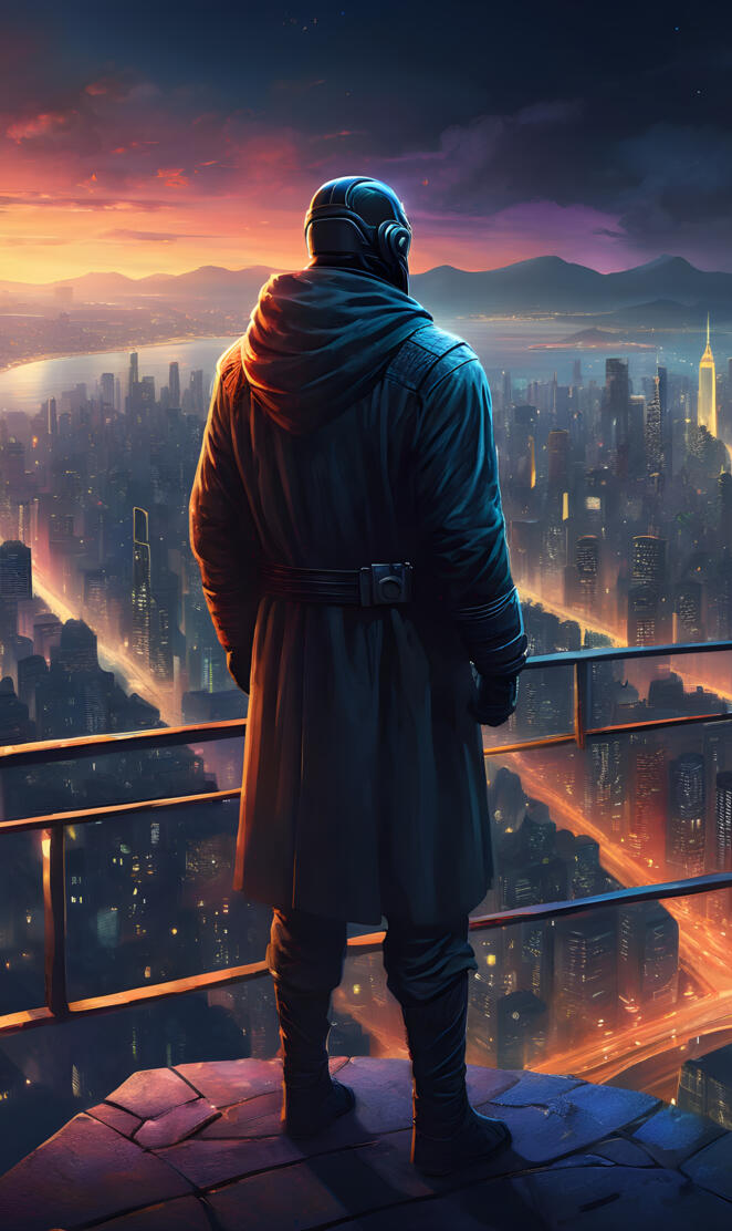 a person wearing a mask and a helmet standing on a balcony