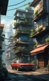 a car parked in front
on a building with many balconies