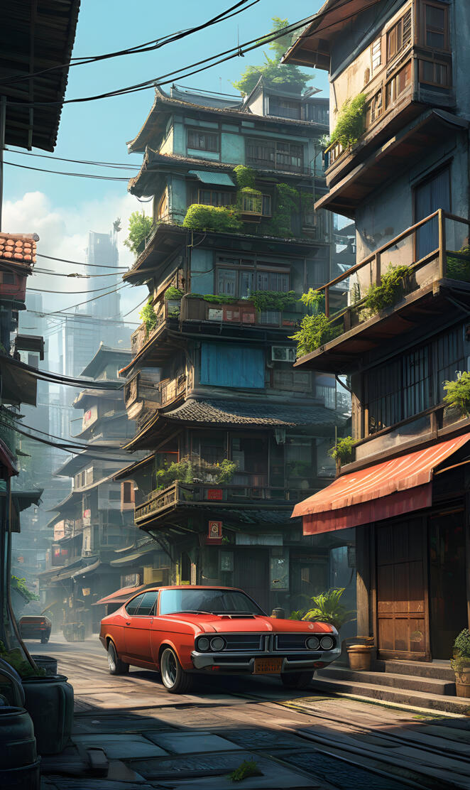 a car parked in front
on a building with many balconies