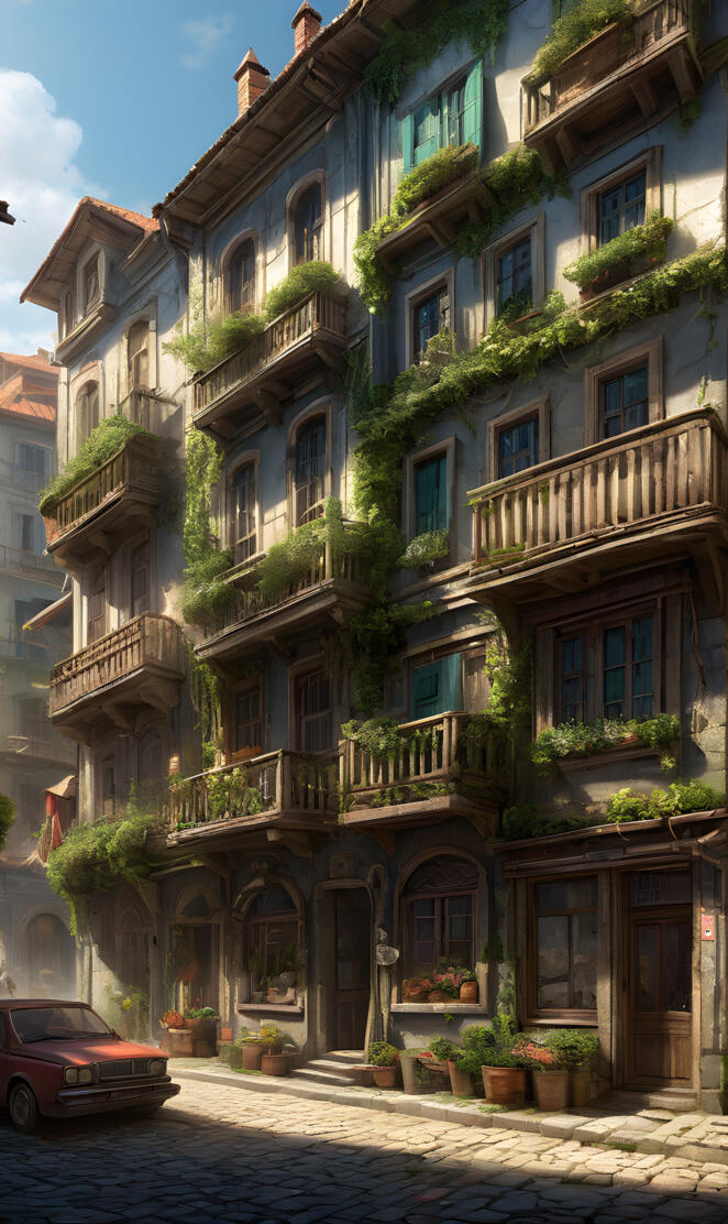 a car parked in front of a building with many balconies