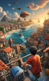 luffy sitting on a balcony looking at a river and a town