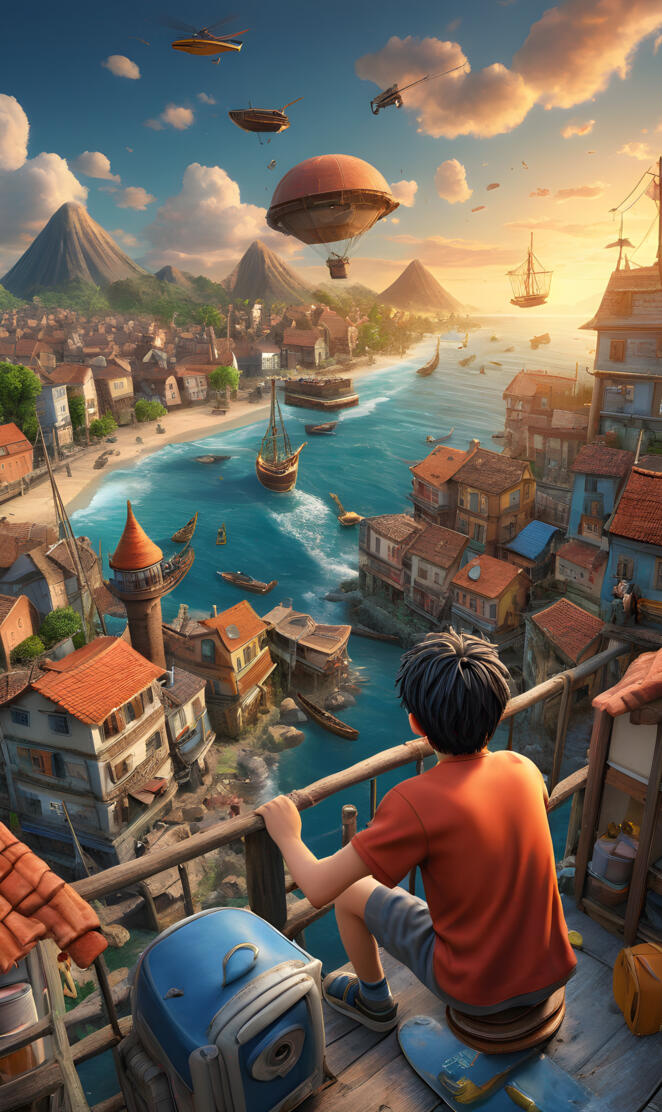 luffy sitting on a balcony looking at a river and a town