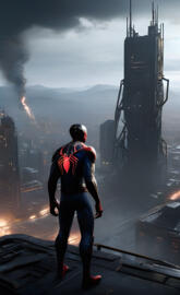 a person standing on a balcony with a tall tower in the background