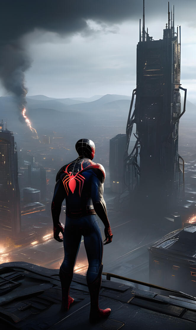 a person standing on a balcony with a tall tower in the background