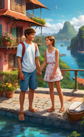 a man and a woman standing on a balcony overlooking a body of water