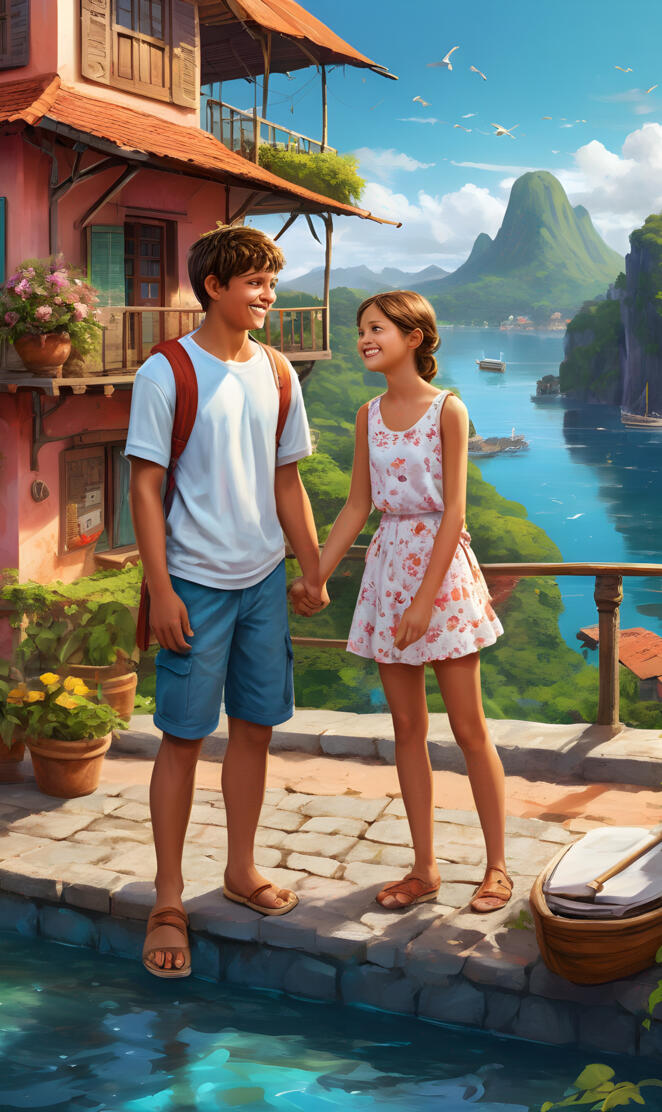 a man and a woman standing on a balcony overlooking a body of water