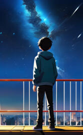a boy standing on a balcony looking at the stars in the sky