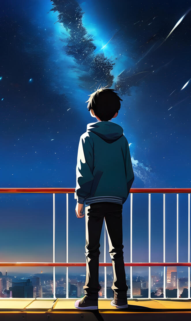 a boy standing on a balcony looking at the stars in the sky