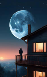a person standing on a balcony looking at a large planet in the sky
