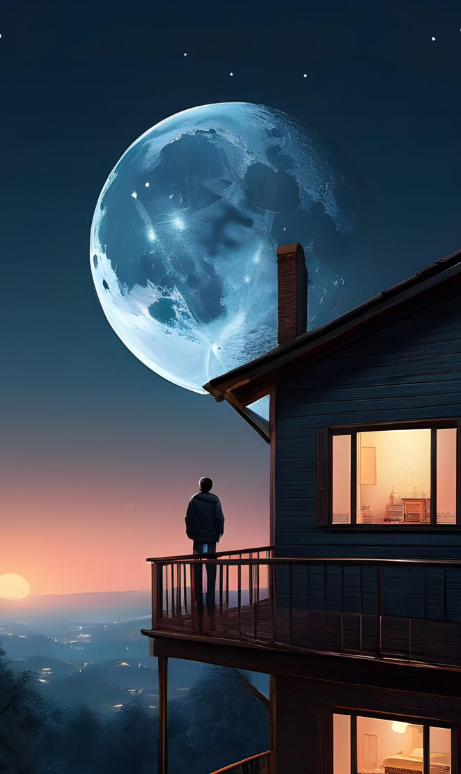 a person standing on a balcony looking at a large planet in the sky