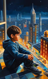 a boy sitting on a window ledge