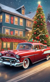 a red car parked in front of a christmas tree