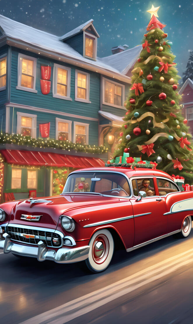 a red car parked in front of a christmas tree