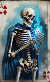 a skeleton holding a deck of cards