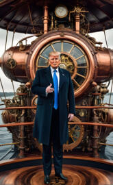 Trump stands on his steampunk air ship