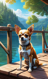 a chihuahua sitting on a wooden deck