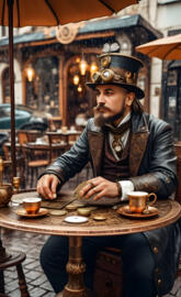 Steampunk. Fortune teller. Outdoor cafe.