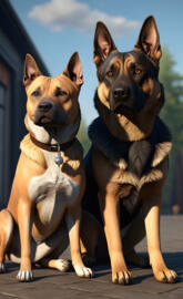 two dogs sitting on a wood deck