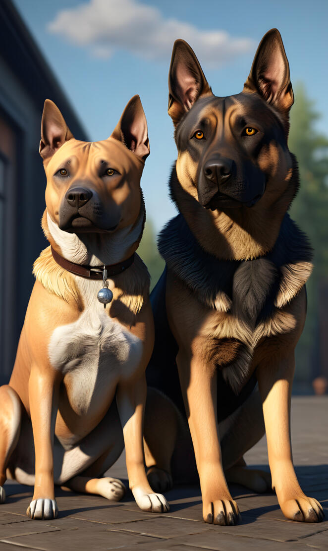 two dogs sitting on a wood deck