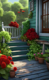 a deck with potted plants and a bench