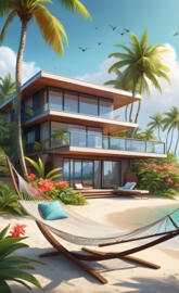 a house with a deck and palm trees