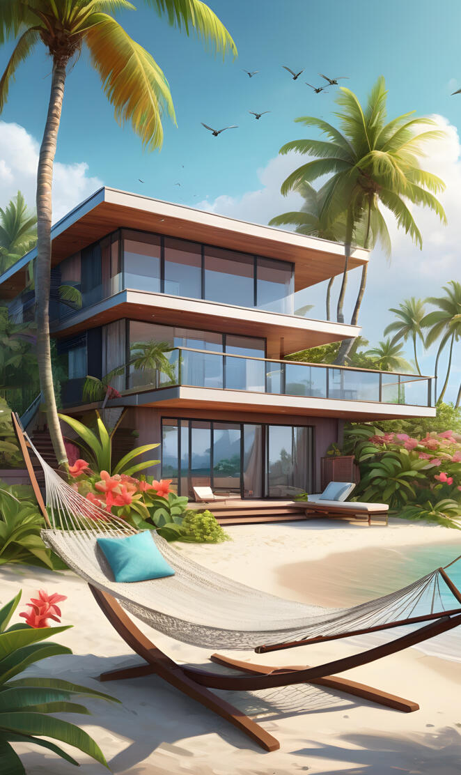 a house with a deck and palm trees