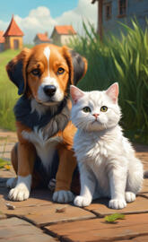 a dog and a cat sitting on a wood deck