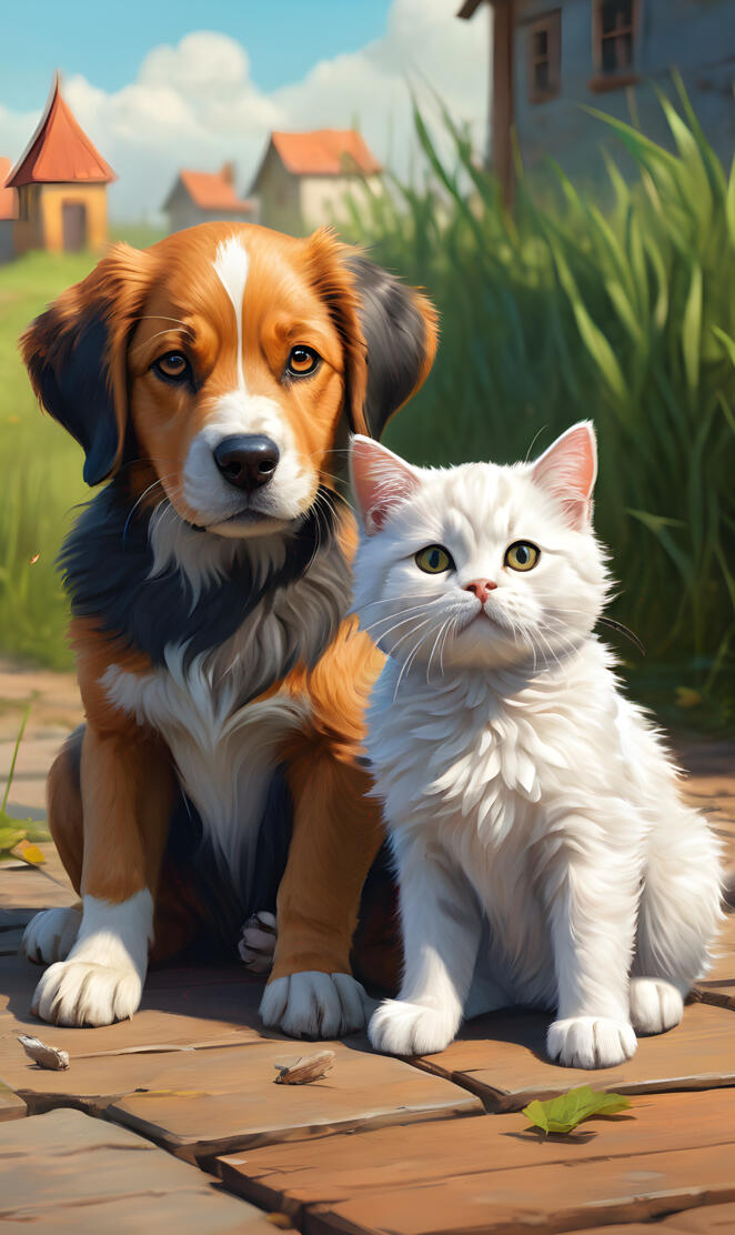 a dog and a cat sitting on a wood deck