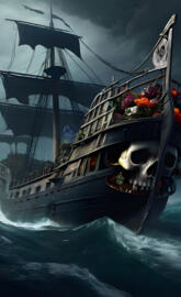 a pirate ship with flowers on the deck