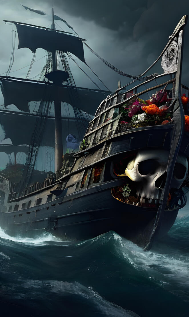 a pirate ship with flowers on the deck