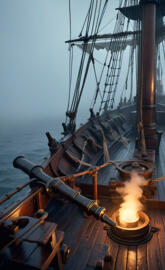 a large ship with a fire on the deck