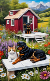 Rottweiler and Kitty by the house