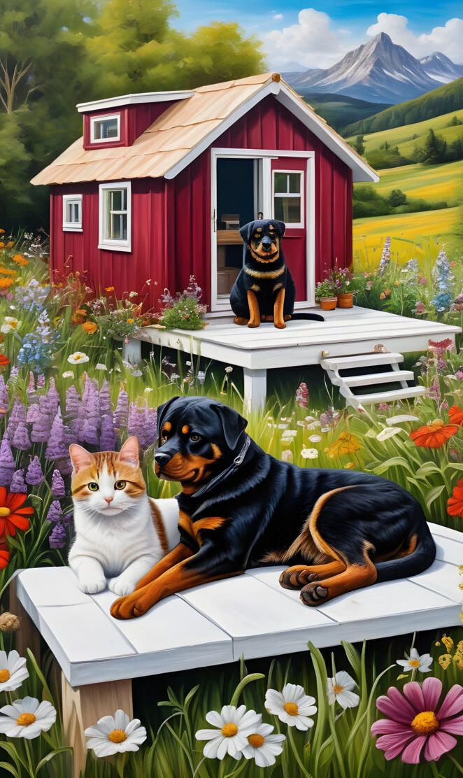 Rottweiler and Kitty by the house
