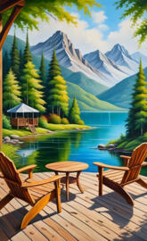 a table and chairs on a deck overlooking a lake and mountains
