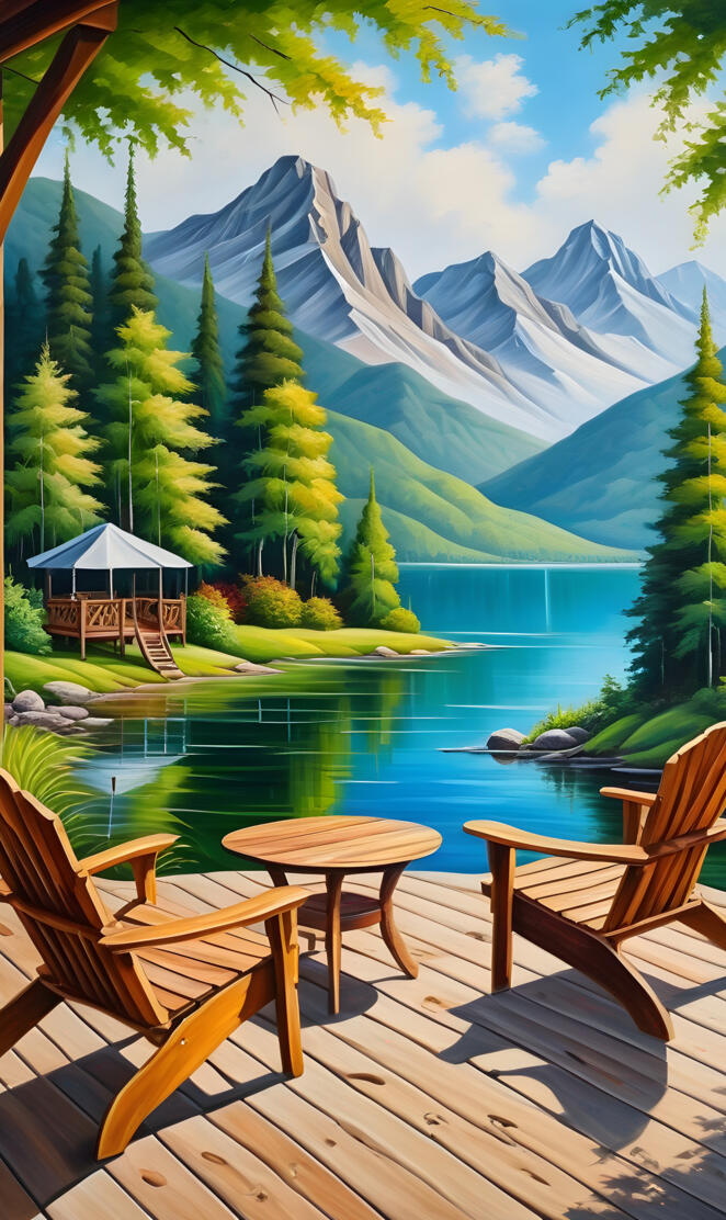 a table and chairs on a deck overlooking a lake and mountains