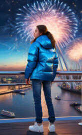 a woman standing on a deck with fireworks in the background