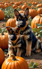 German Shepherd pups sitting on a wood deck with pumpkins