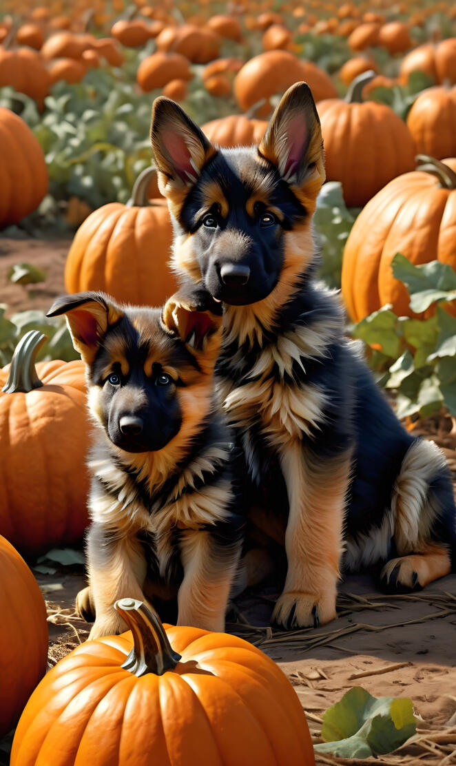 German Shepherd pups sitting on a wood deck with pumpkins